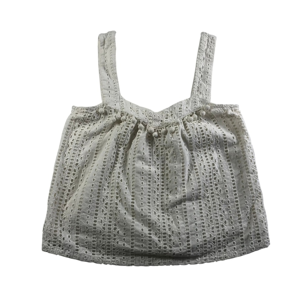 Sundance White Eyelet Lace Pom Pom Trim Smocked Back Cotton Tank Top Small